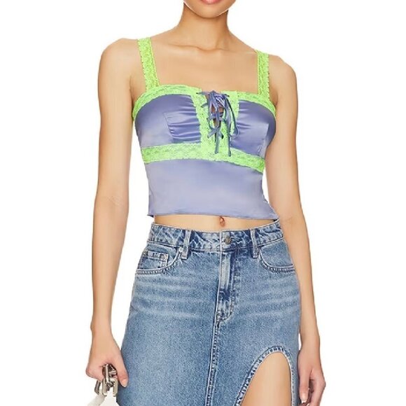 Superdown Adele Lace Up Cami Top Satin in Blue green Cropped Size XL Revolve Y2K - Picture 1 of 10